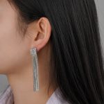 Fashionable Trendy Design Brass Rectangles Zirconia Diamond Long Tassel Stud Earrings for Women and Girl's Daily Wear - Image 5