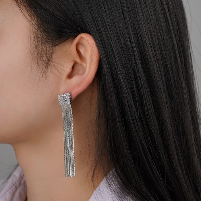 Fashionable Trendy Design Brass Rectangles Zirconia Diamond Long Tassel Stud Earrings for Women and Girl's Daily Wear - Image 5