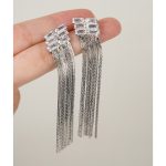 Fashionable Trendy Design Brass Rectangles Zirconia Diamond Long Tassel Stud Earrings for Women and Girl's Daily Wear - Image 2