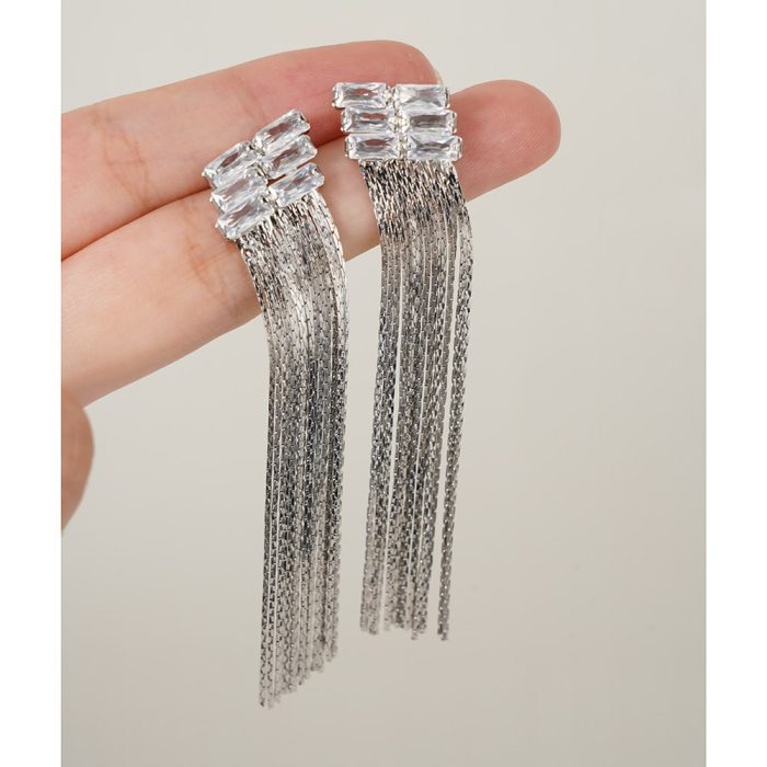 Fashionable Trendy Design Brass Rectangles Zirconia Diamond Long Tassel Stud Earrings for Women and Girl's Daily Wear - Image 2
