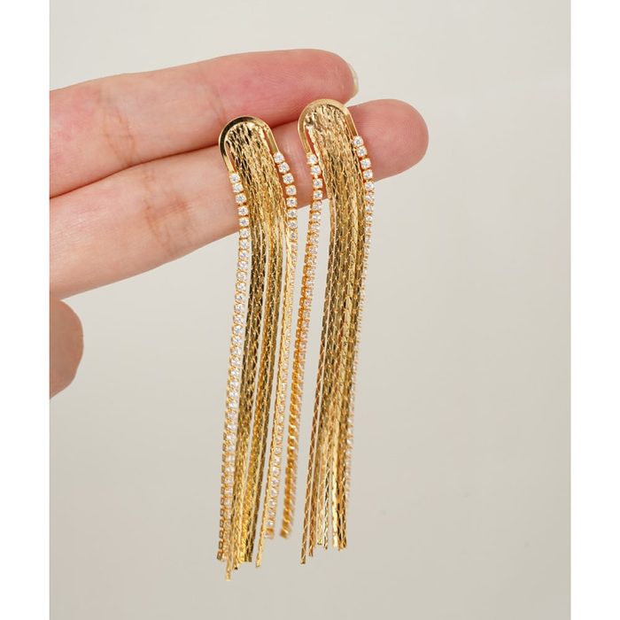 Wholesale Jewelry 18K Gold Plated Brass Dangle Earrings Zircon Long Tassel Drop Earrings for Women - Image 2