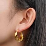 Factory Wholesale Jewelry Vintage Waterproof 14K Gold Plated Textured Chunky Stainless Steel Hoop Earrings for Women - Image 3