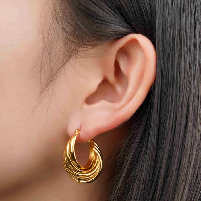 Factory Wholesale Jewelry Vintage Waterproof 14K Gold Plated Textured Chunky Stainless Steel Hoop Earrings for Women - Image 3