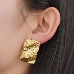 Gorgeous Stainless Steel Stud Earrings Jewelry Women Hammered Texture Square Irregular Earrings - Image 4