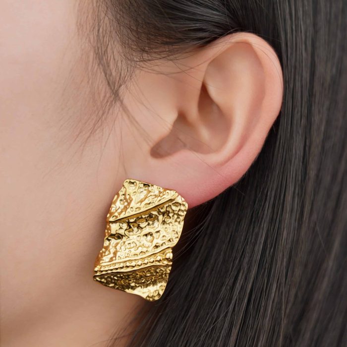 Gorgeous Stainless Steel Stud Earrings Jewelry Women Hammered Texture Square Irregular Earrings - Image 4