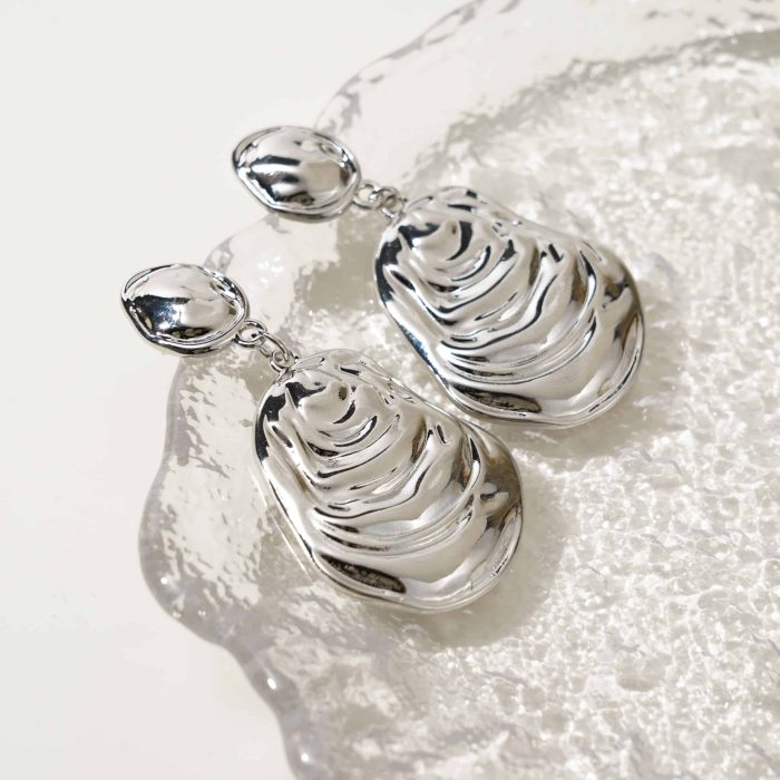2024 New Arrival Fashion Jewelry Minimalist Metal Texture Water Wave Silver Drop Earring Hammered Shell Dangle Earrings - Image 2