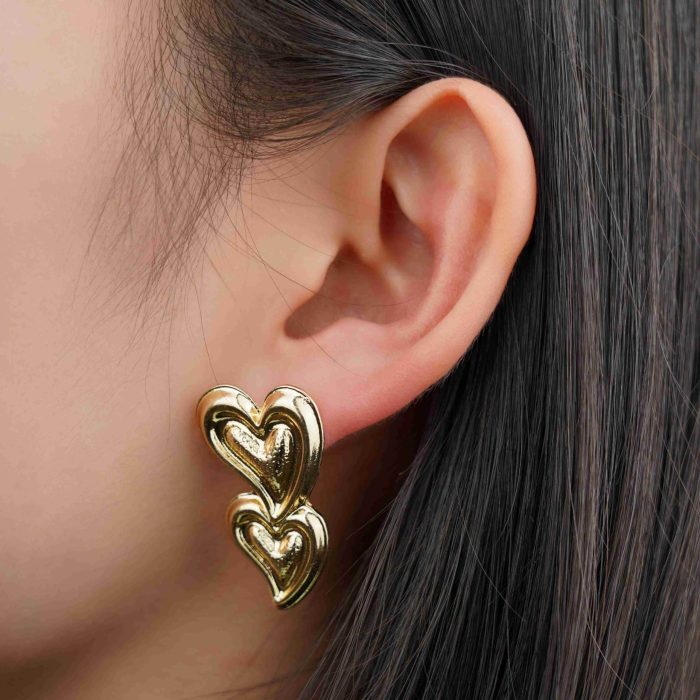 Factory Wholesale Proper Price Gold Women Popular New Design Double Hearts Stud Earrings for Women - Image 4