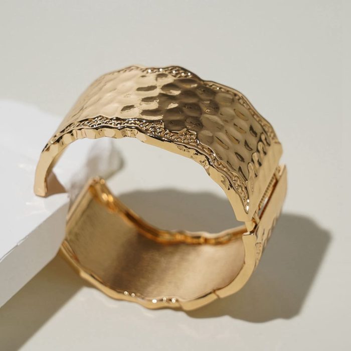 Vintage Wide Surface and Thick Hammered Gold Plated Zinc Alloy Cuff Bracelet for Women Jewelry - Image 2