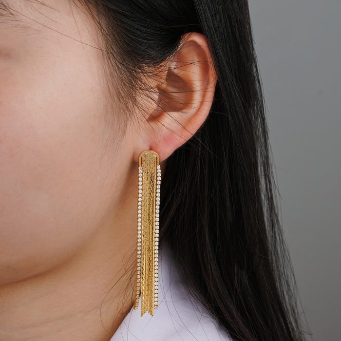 Wholesale Jewelry 18K Gold Plated Brass Dangle Earrings Zircon Long Tassel Drop Earrings for Women - Image 3