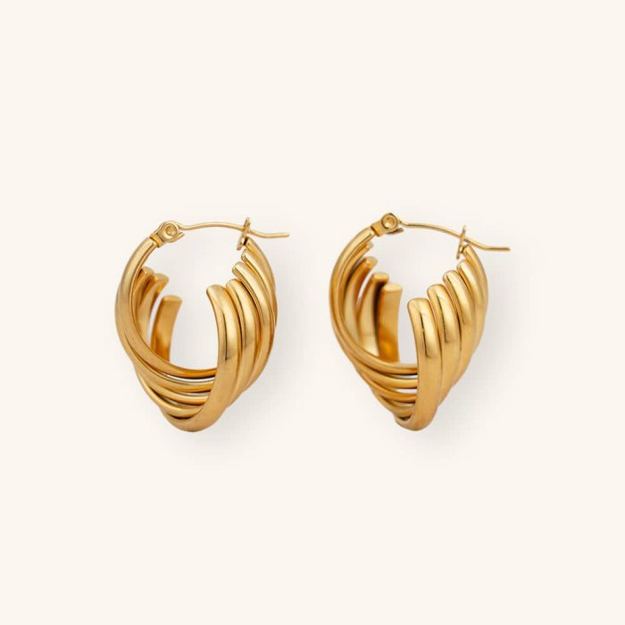 Factory Wholesale Jewelry Vintage Waterproof 14K Gold Plated Textured Chunky Stainless Steel Hoop Earrings for Women - Image 1