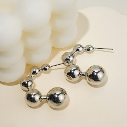 Wholesale Fine Quality Fashion Vintage Beads Jewelry Palladium Plated Brass Half Hoop Earrings with Stud for Women