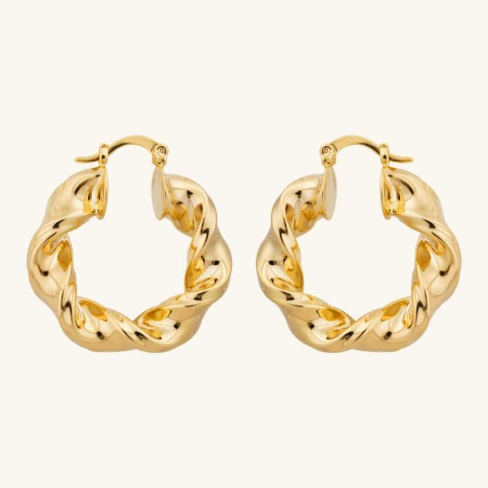 Vintage Big Circle Jewelry Twisted Brass Based 18K Gold Plating Hoop Earrings - Image 1