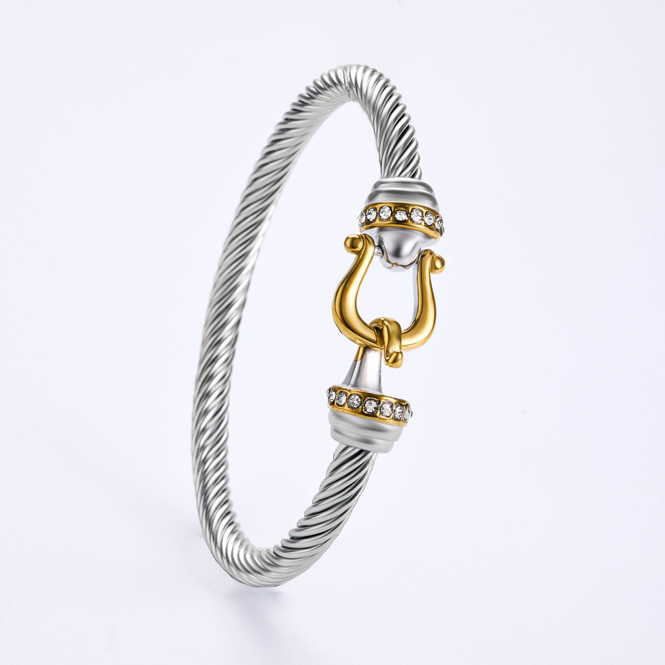 03 Two-Tone Horsebit Crystal Cable Bangle – Bold Sophistication, Effortless Glamour - Image 1