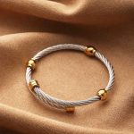 Two-Tone Dual Cable Stainless Steel Bangle – Gold & Silver Contrast, Modern Edge - Image 3