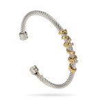 Two-Tone Twisted Cable Stainless Steel Bangle – Gold & Silver Harmony with Crystal Accents